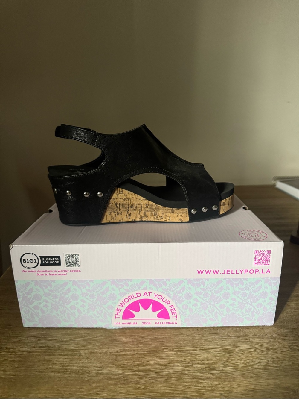 Jellypop Black Wedge Sandals with Cork Accent